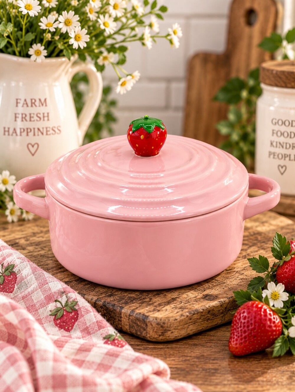 Pink Strawberry Knob Ceramic Cocotte Covered Casserole Dish